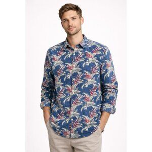 Tommy Bahama Men’s Large Tropical Button Up Shirt Blue Cotton Island Print
